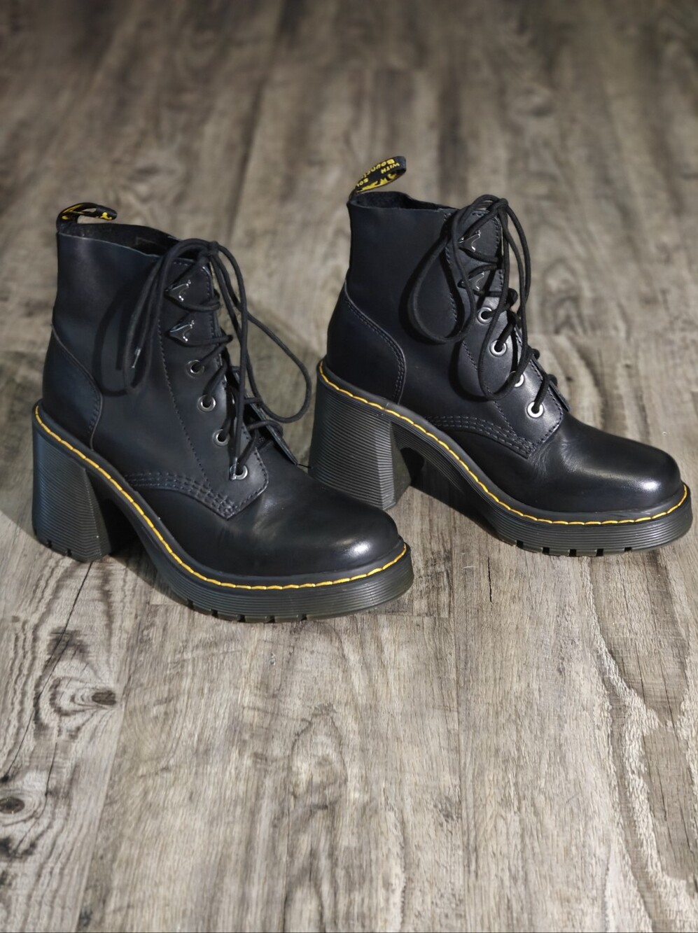 Dr. Martens Black "JESY" Lace-Up Chunky Heel Boots with Yellow Stitching